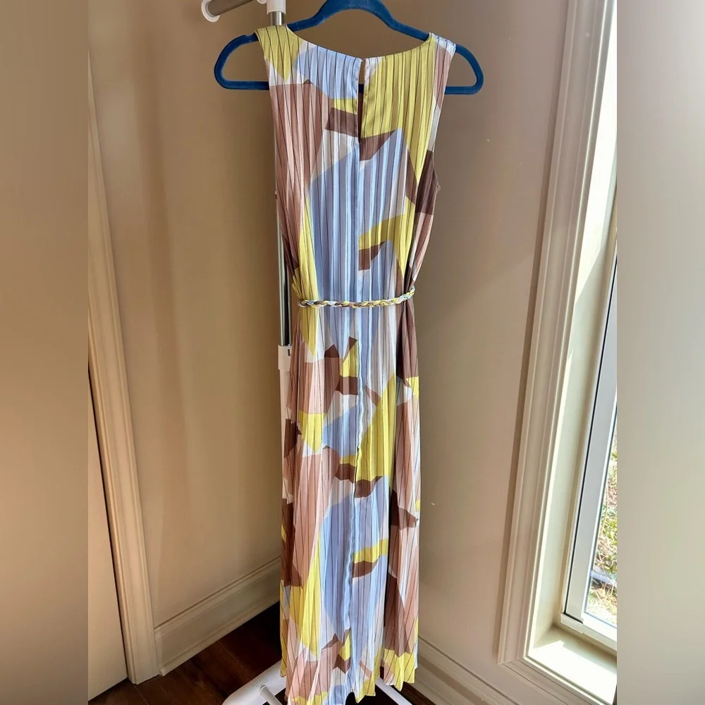Nine West Pleated Midi Dress XS | Sleeveless Geometric Braided Belt Dress - Picture 3 of 6